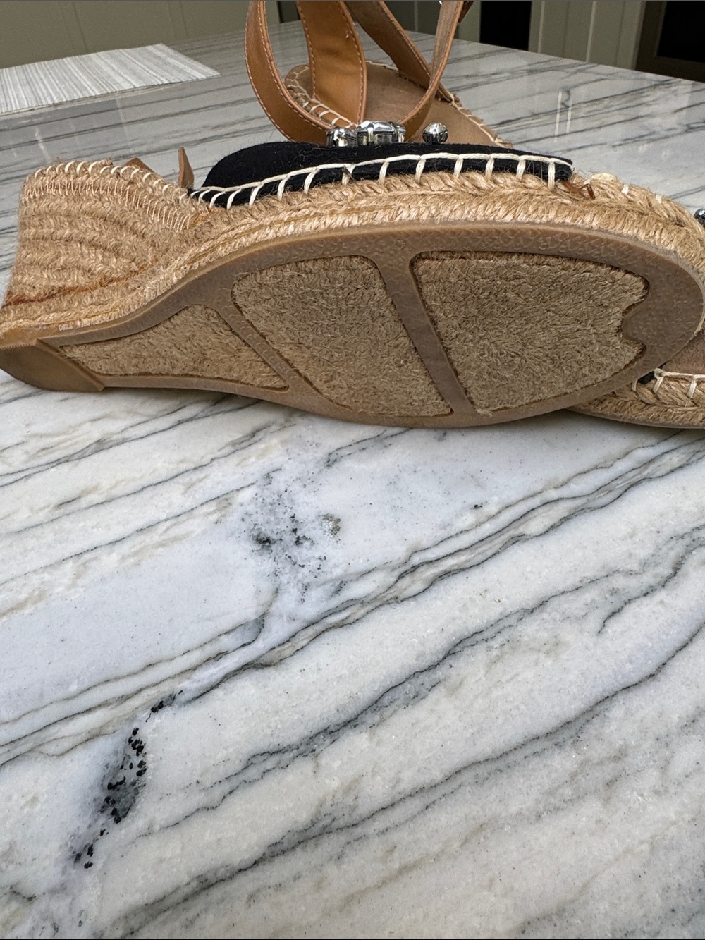 White Mountain Black Rhinestone Espadrille Wedge Sandal with Tan Ankle Strap - Picture 3 of 6